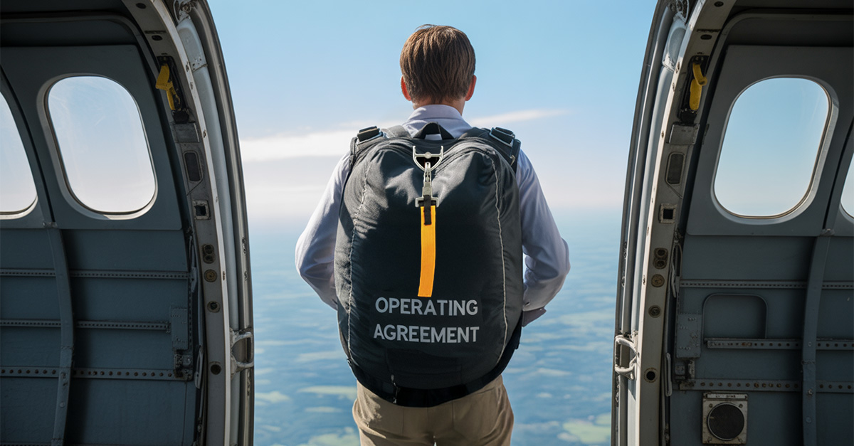 A businessman prepares to jump out of an airplane while wearing a parachute backpack with the words "Operating Agreement" writing on it.